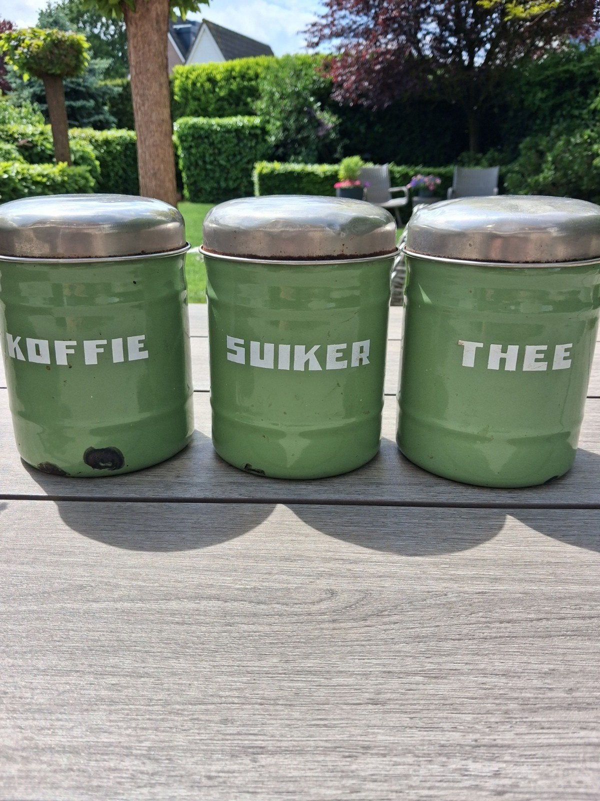 Vintage emaille voorraadpotten - Koffie, Suiker, Thee, Ophalen of Verzenden