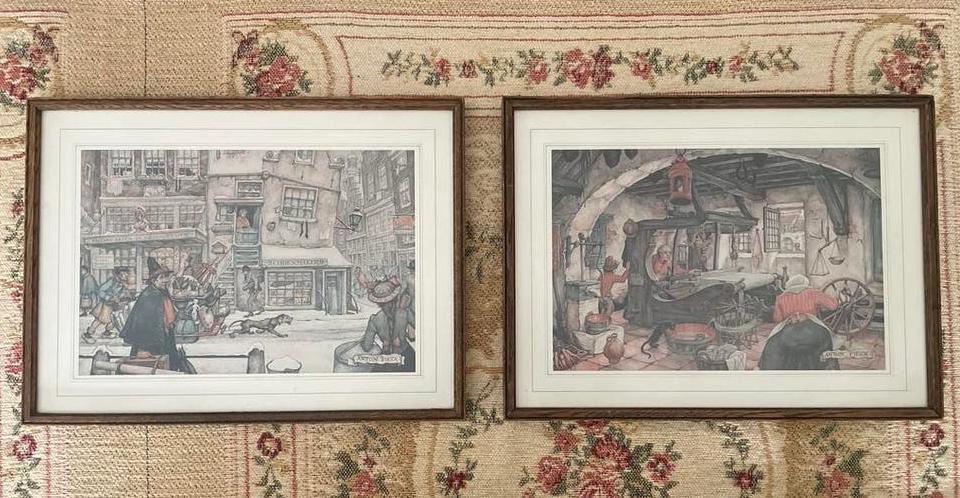 2 vintage ingelijste Anton Pieck prints, Huis en Inrichting, Ophalen of Verzenden, Gebruikt, Hout