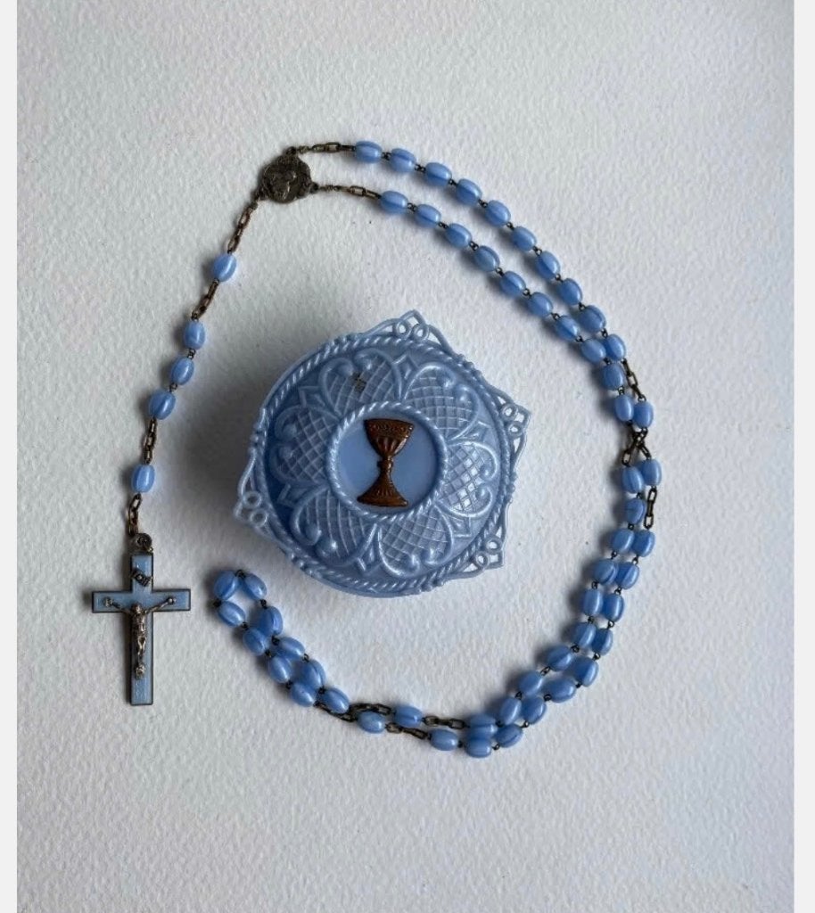 Kunststof communie doosje met Rozekrans blauw, 7 cm, Ophalen of Verzenden