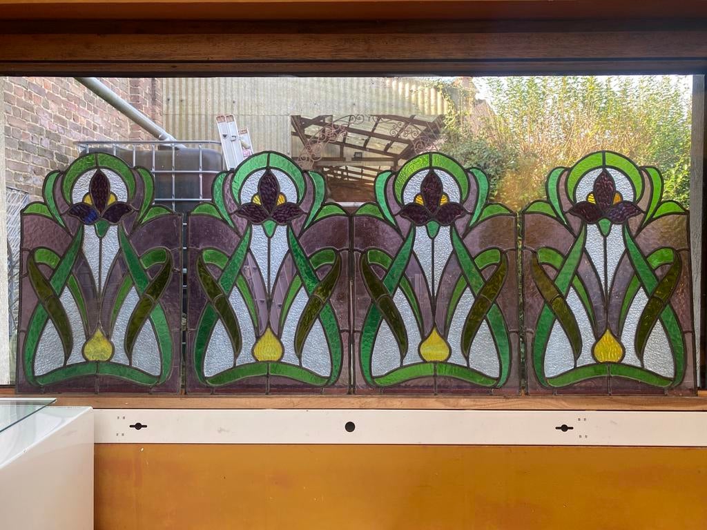 4 glasraampjes bloemmotief art nouveau, Ophalen of Verzenden