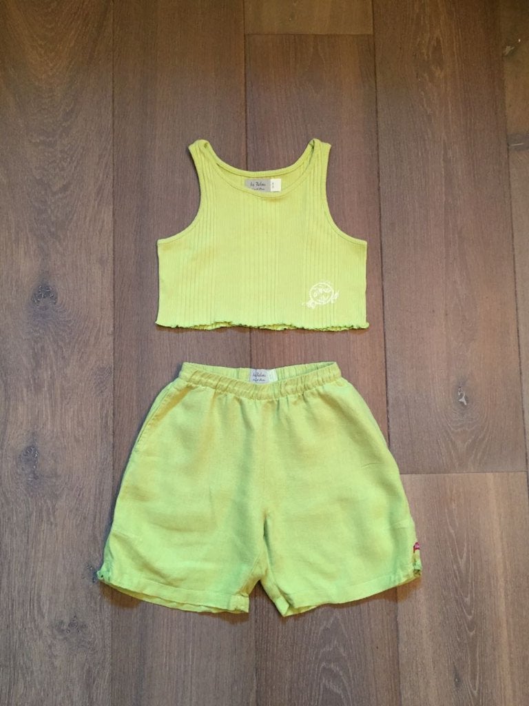 ZGAN zomersetje lime groen kort broekje & crop topje; mt 140, Meisje, Ophalen of Verzenden, Zo goed als nieuw, Setje