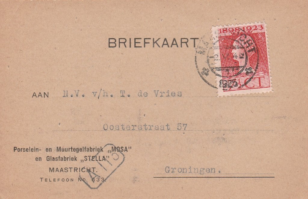 MAASTRICHT 1925 Porselein- Glas- en Muurtegelfabriek MOSA, Ophalen of Verzenden, 1920 tot 1940, Gelopen, Limburg