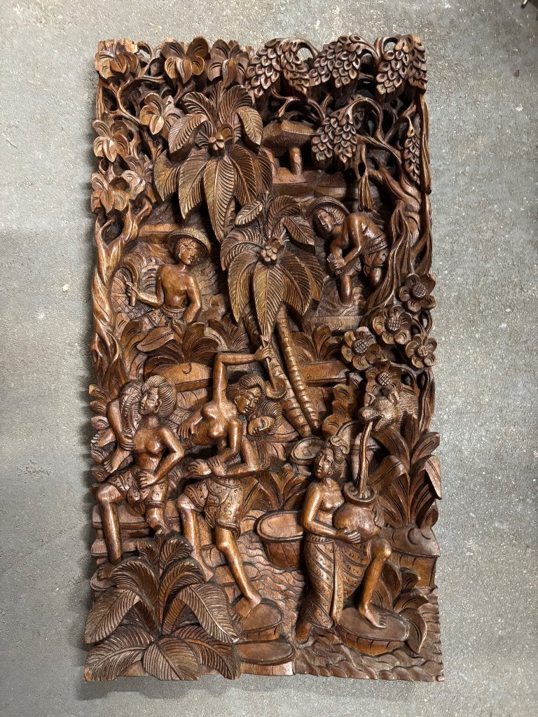 Balinees Houtsnijwerk – 3D Hoogreliëf Wandpaneel Bali Indië, Antiek en Kunst, Verzenden, 50 - 100 cm, Gepatineerd, Hout
