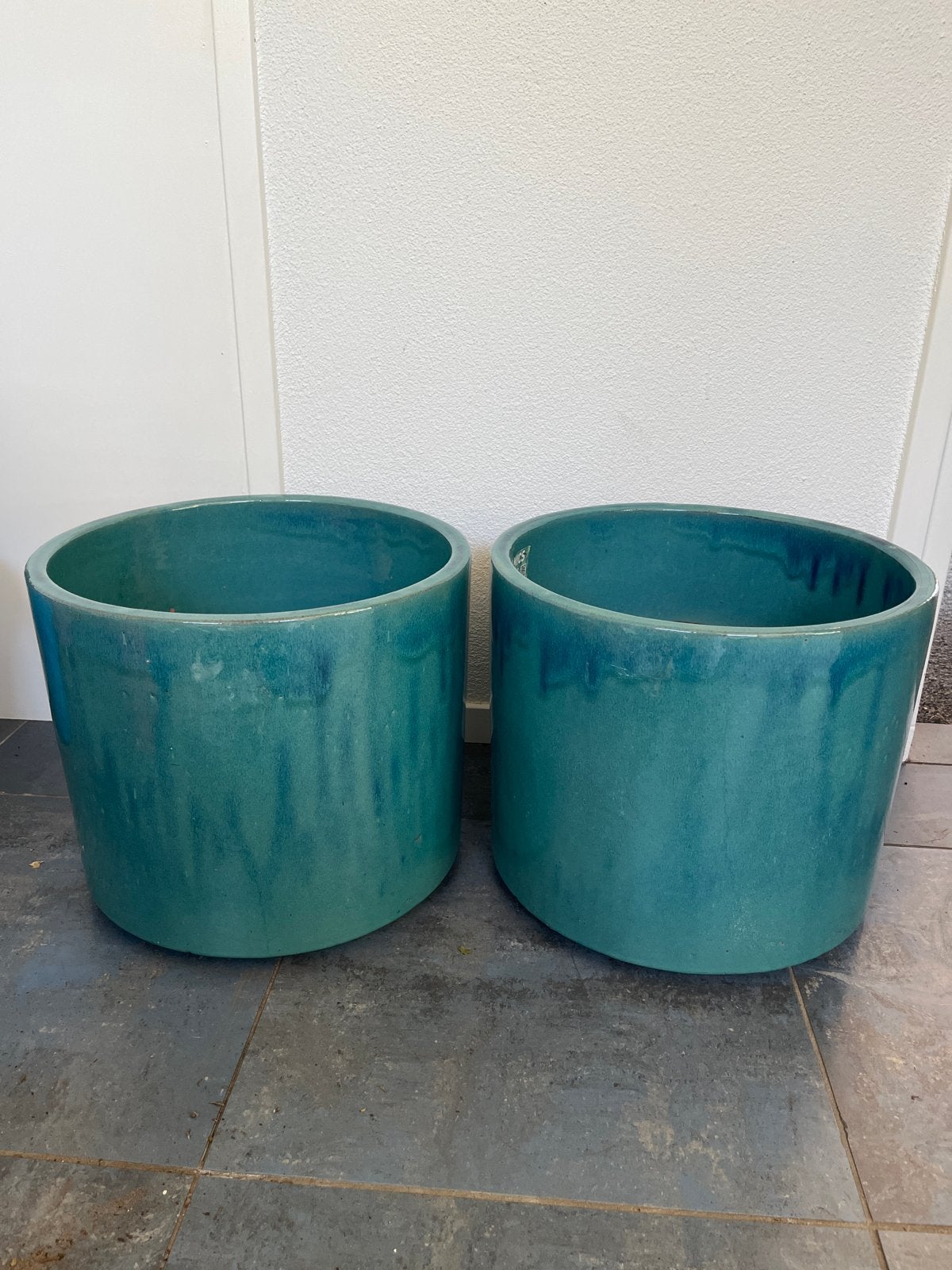Set van 2 turquoise bloempotten - Keramiek, Tuin en Terras, Bloempotten, Ophalen, 40 cm of meer, Rond, Binnen