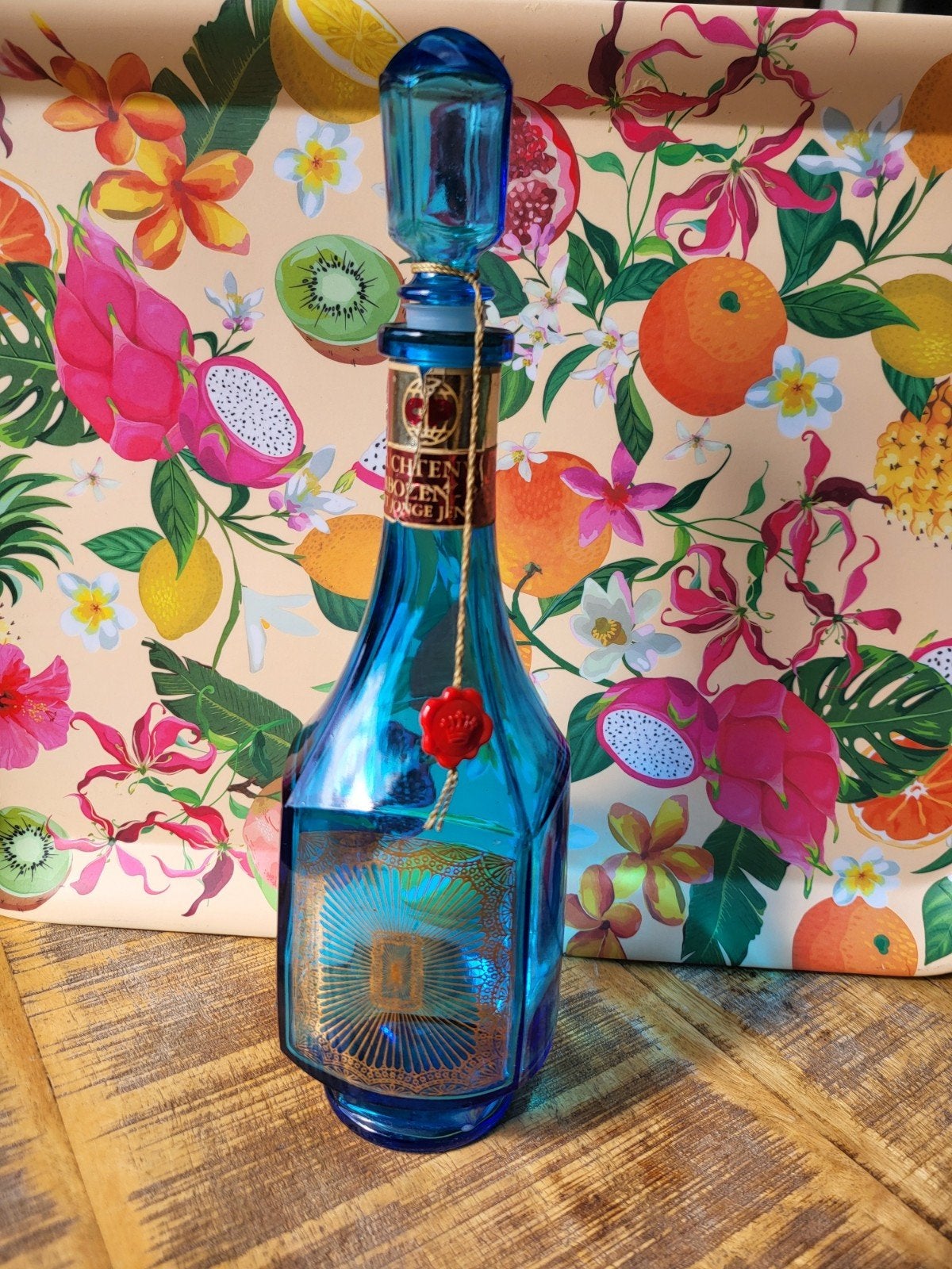Vintage blauwe bessenlikeur fles met stop, 27 cm, Ophalen of Verzenden