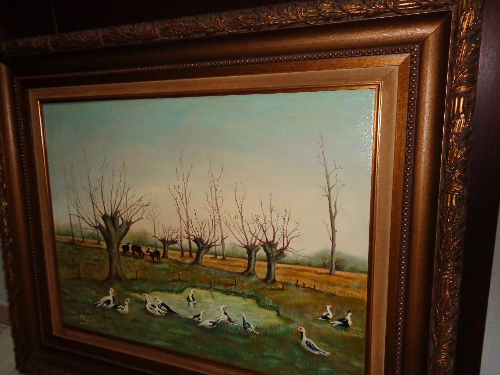 *Prachtige grote antieke schilderij "Eenden & Paarden", Ophalen of Verzenden