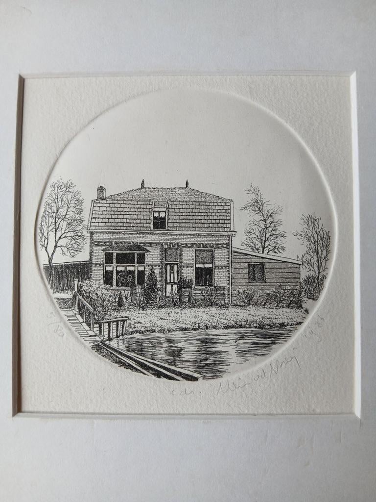 Gesigneerde ets, Wim van der Meij. Huis bij Ter Aar, Ophalen of Verzenden, Landschap, Origineel, 1950 - 1999