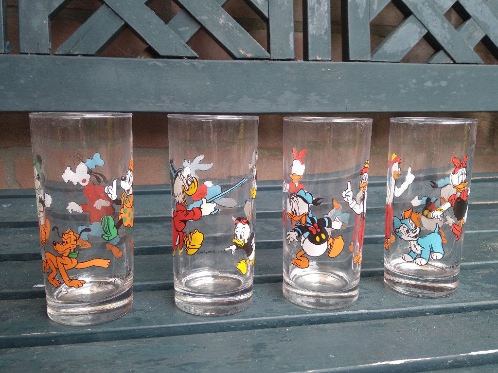 4 Walt Disney drinkglazen, Ophalen of Verzenden, Donald Duck, Gebruikt, Servies