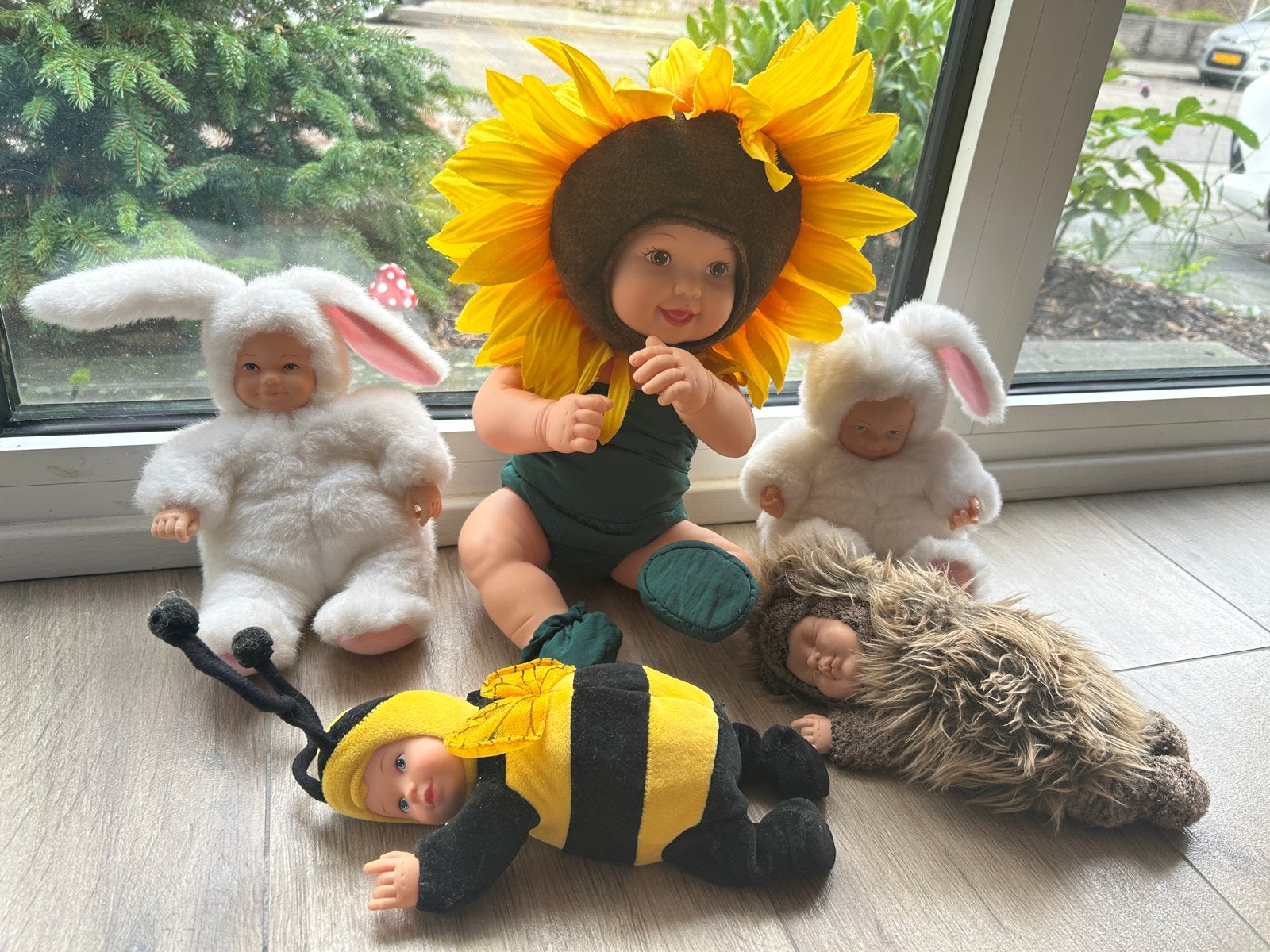 Anne Geddes Poppen Collectie - Zonnebloem, Bij, Konijn, Egel, Ophalen of Verzenden, Gebruikt, Babypop