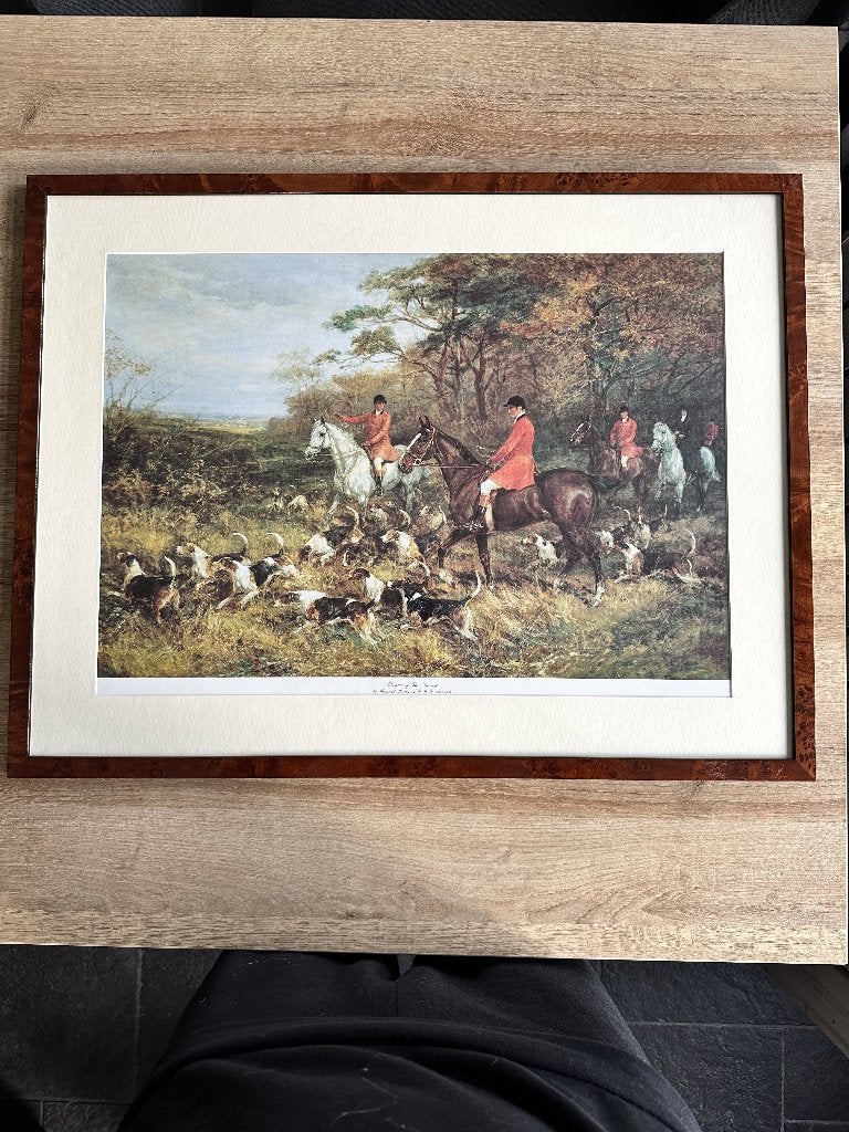 Grote Engelse jachtprent paarden en honden 74x57 cm, Ingelijst, Ophalen of Verzenden, Landschap, Klassiek