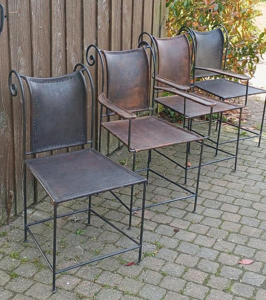 Vintage Spaanse Smeedijzeren Stoelen met Leer (4 stuks), Ophalen of Verzenden