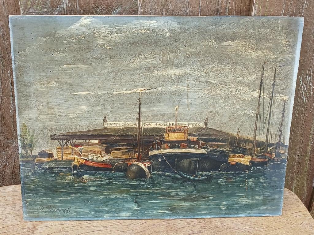 Olieverfschilderij op paneel van W. Drenth - Havenzicht, Antiek en Kunst, Kunst | Schilderijen | Klassiek, Ophalen of Verzenden