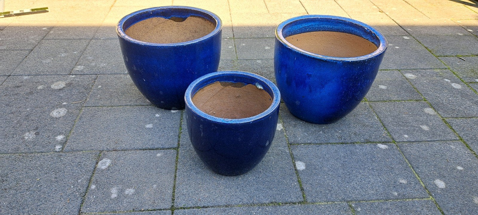 Set van 3 blauwe geglazuurde keramische bloempotten, Ophalen, Overige materialen, Gebruikt, Minder dan 30 cm