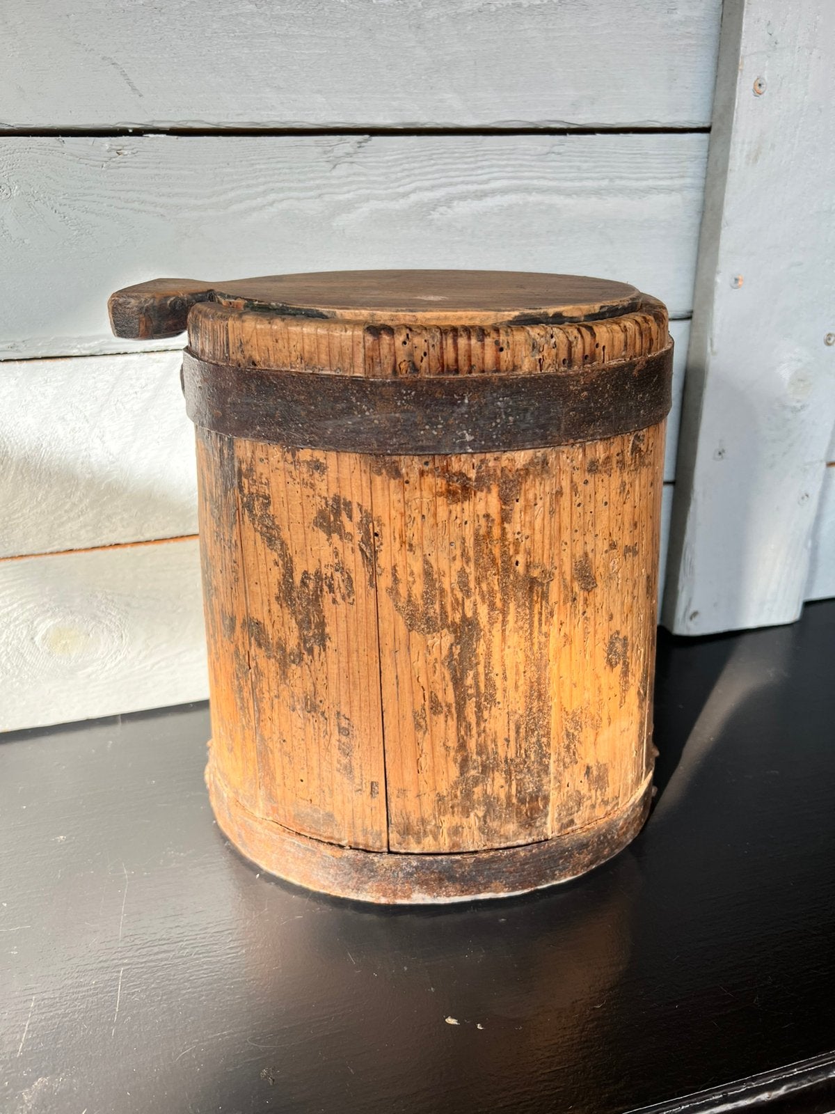 Houten karnton boterton duigen ovaal houten voorraadpot, Ophalen