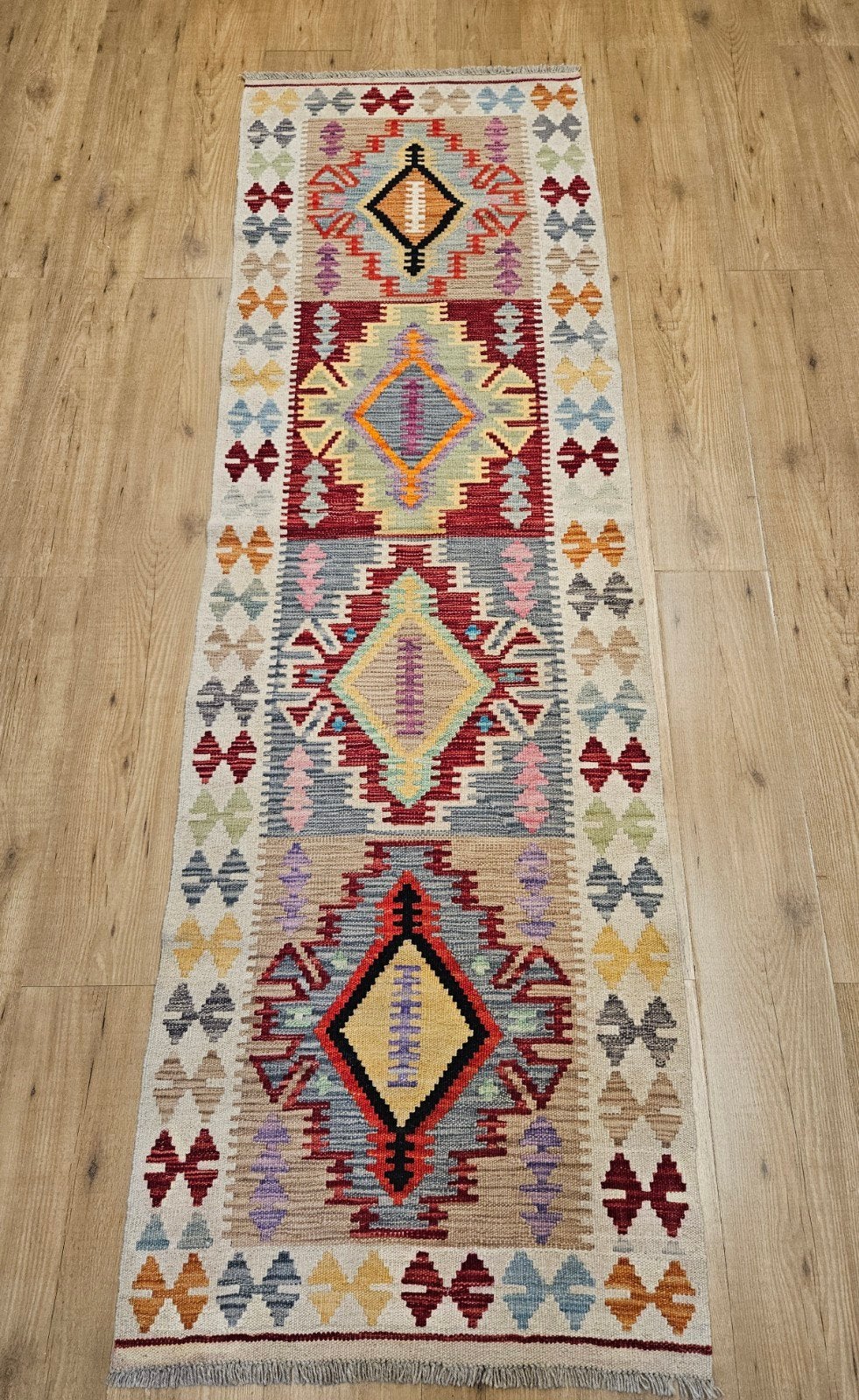 Prachtige handgeweven oosterse kelim loper 243x75