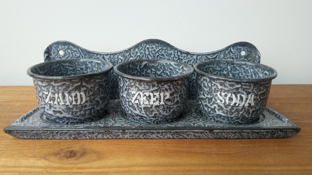 Zand Zeep Soda, grijsgewolkt emaille, Antiek en Kunst, Ophalen of Verzenden