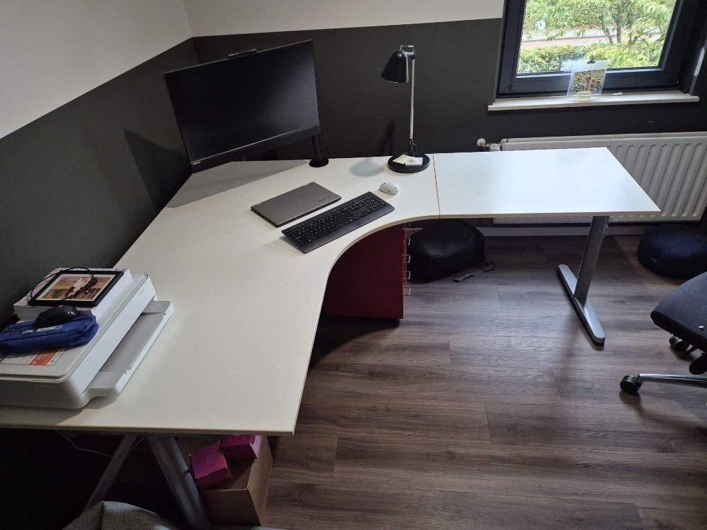 IKEA GALANT hoekbureau met aanbouwblad – wit – 160 x 200 cm, Ophalen, Demontabel, Gebruikt, Hout