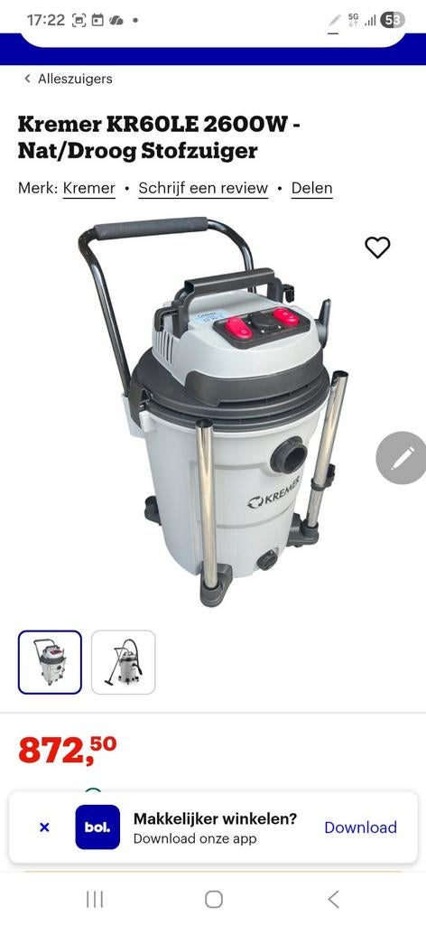 Kremer KR60LE Nat/Droog Stofzuiger, Ophalen of Verzenden, Nieuw, 2000 watt of meer