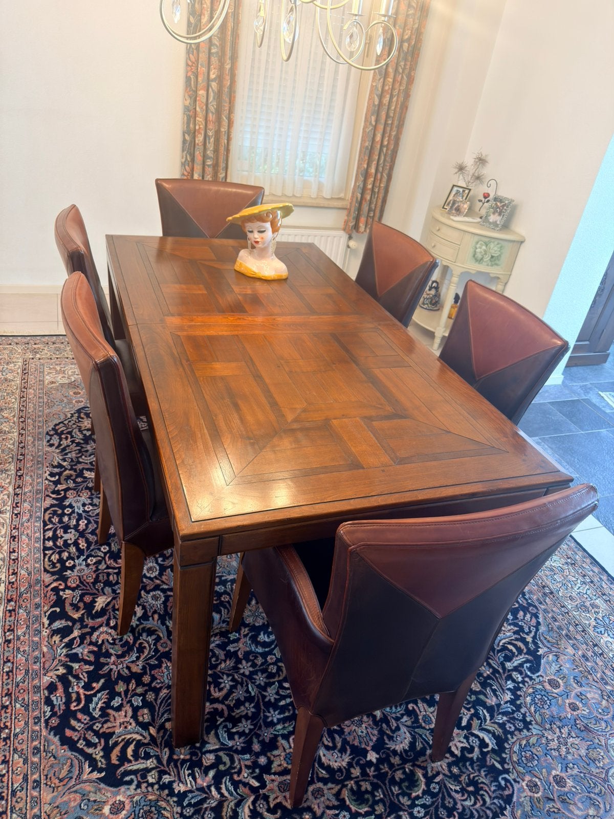 Luxe kersenhouten eettafel met 6 lederen stoelen, Ophalen, Gebruikt, Vijf personen of meer, Kersenhout