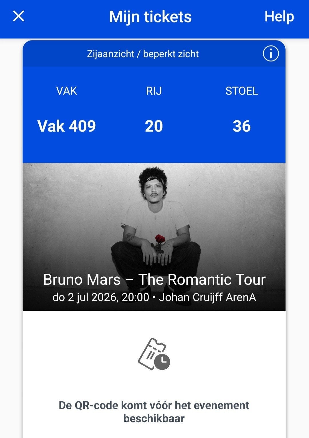 Bruno Mars zitplaats ticket voor donderdag 2 juli 2026, Tickets en Kaartjes, Concerten | Pop, Eén persoon, Juli