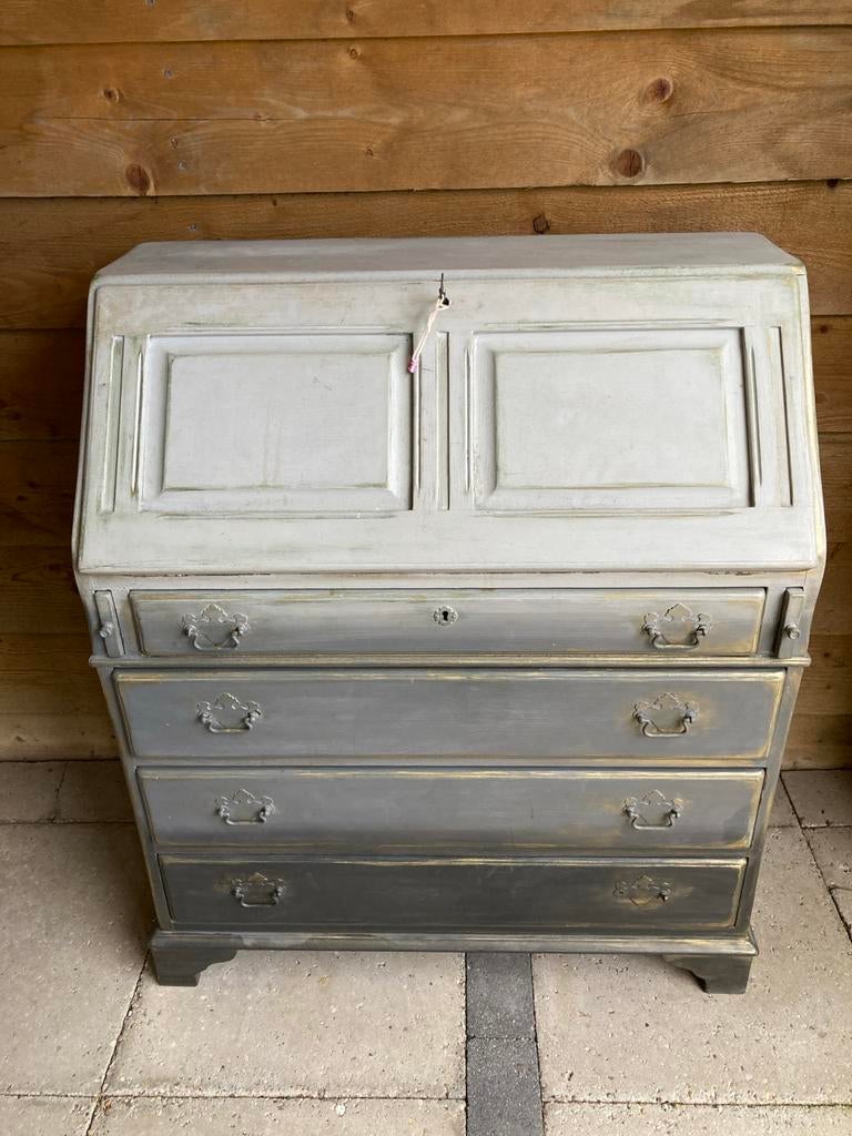 Antiek Ladekastje / Secretaire - Grijs/Roze, Ophalen, Gebruikt, 100 tot 150 cm, 50 tot 100 cm