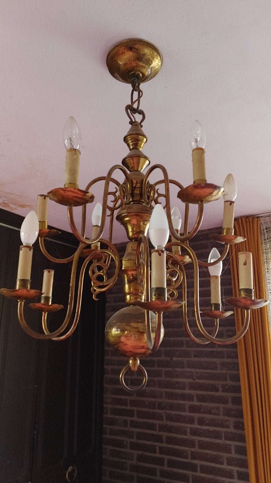 Vintage Gouden Kroonluchter met 8 Armen, Ophalen, Gebruikt, E14 (klein), Vintage, Klassiek, Antiek