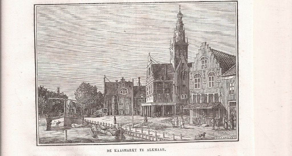 De Kaasmarkt te Alkmaar Houtgravure Tollenaar ca. 1845, 10 cm, Origineel, 1800 - 1899, Stadsgezicht