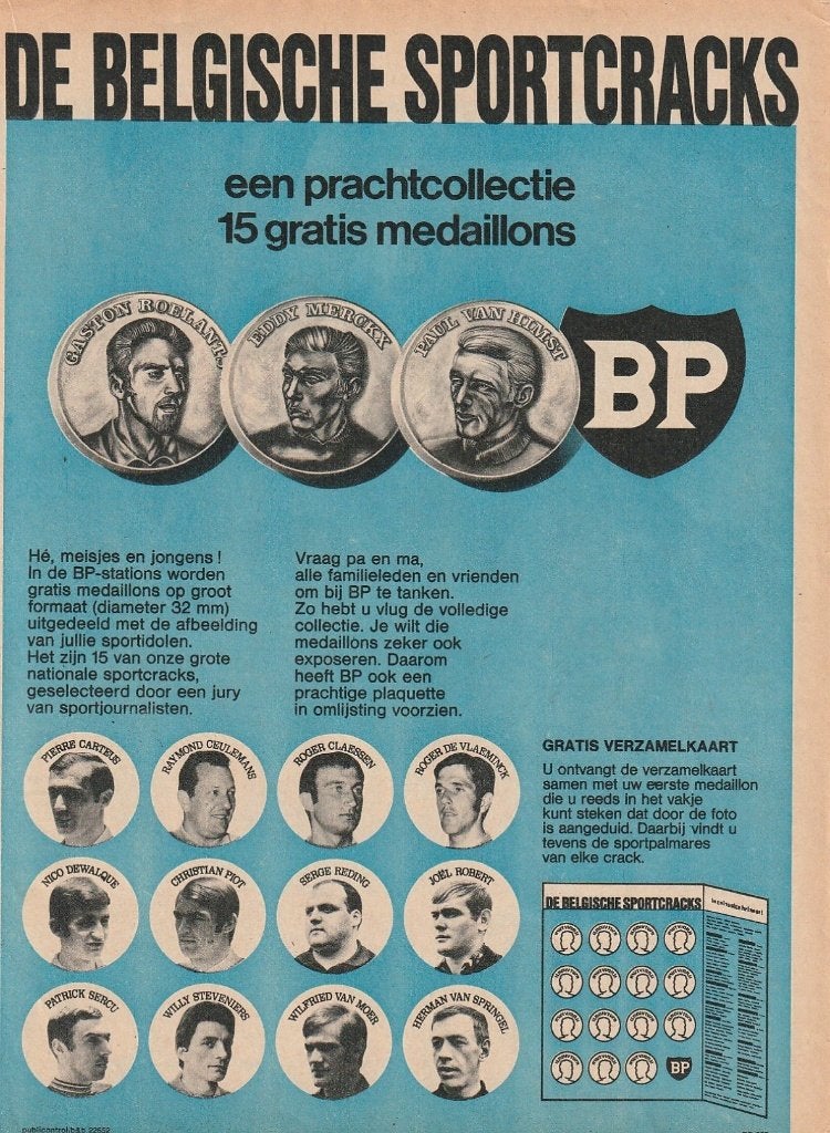 retro reclame 1970 BP Belgische sporters medailles, Verzenden, Overige typen