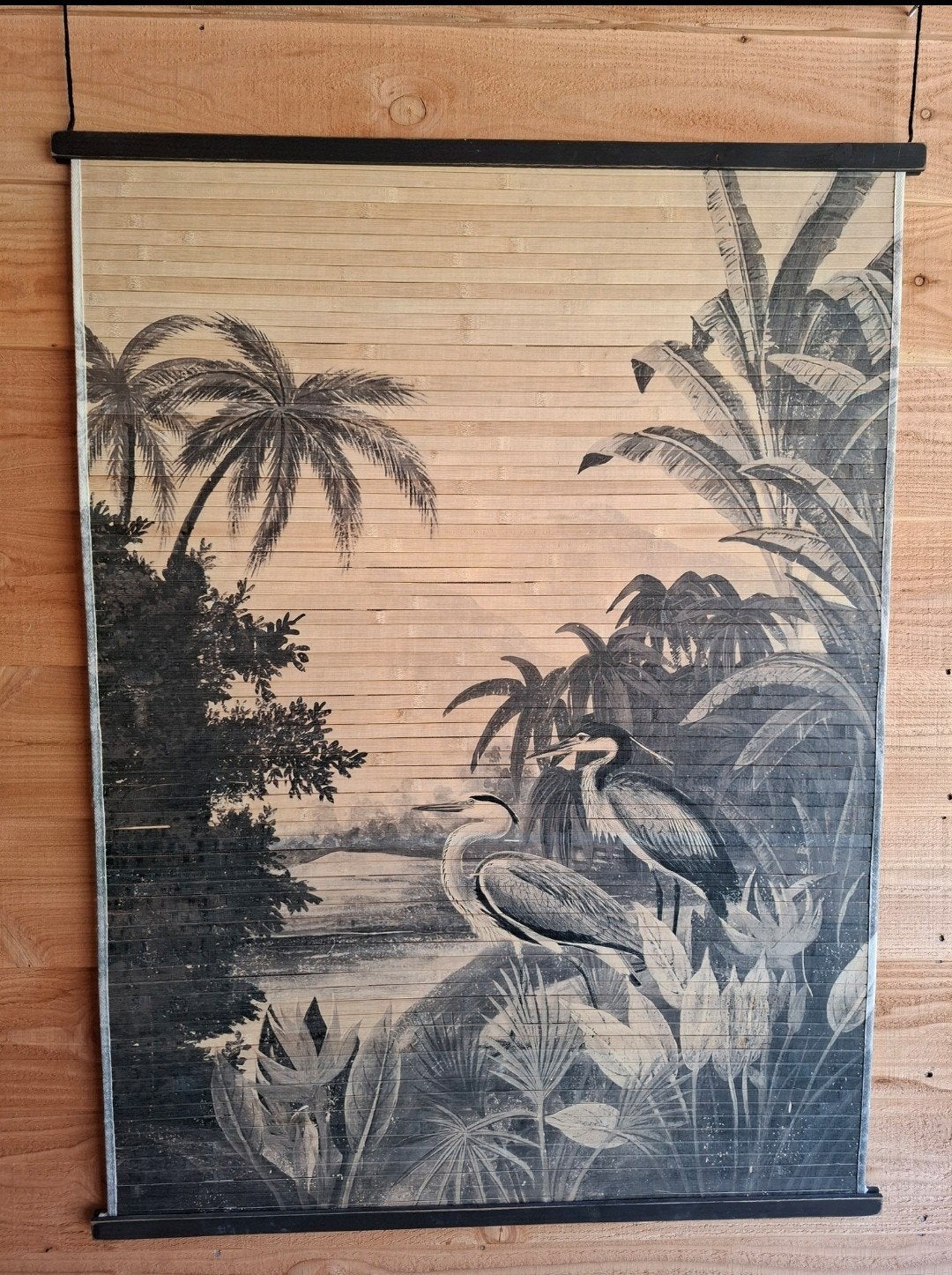 Wandkleed hout met tropische vogels en palmbomen, Ophalen, Meerkleurig, Wandkleed, Zo goed als nieuw