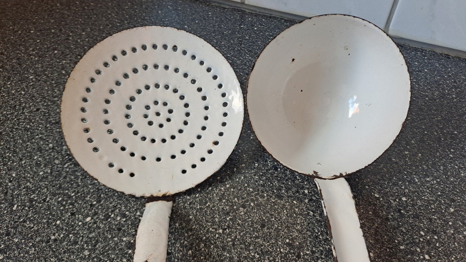 Vintage geëmailleerde pollepel en schuimspaan, Ophalen of Verzenden