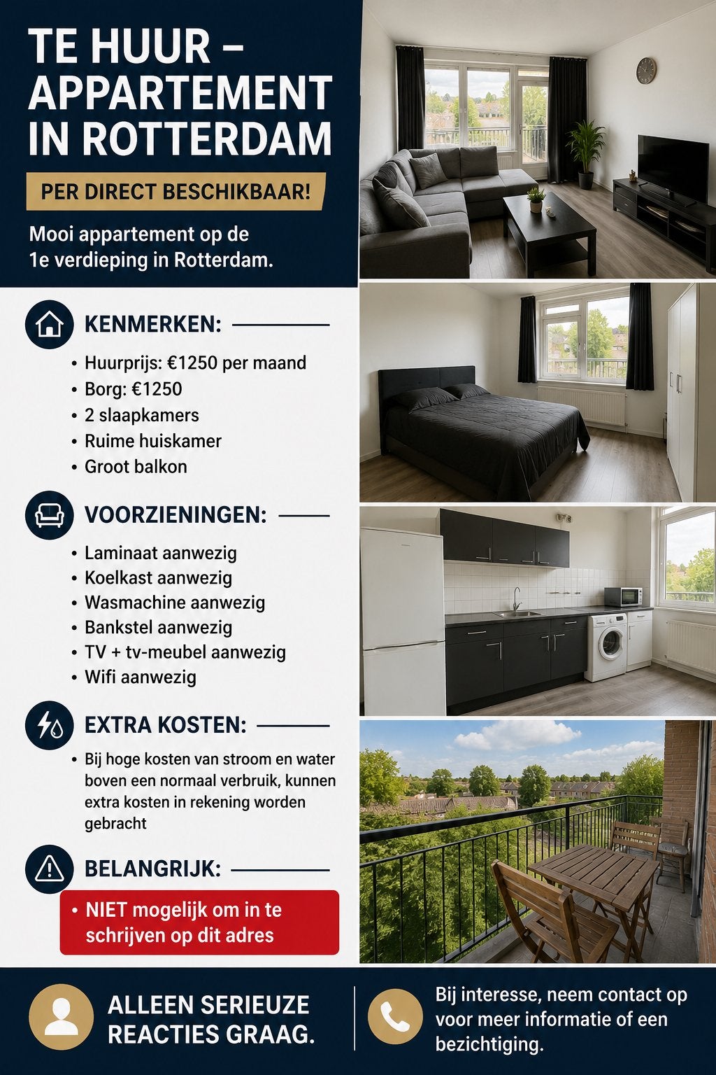 TE HUUR – APPARTEMENT IN ROTTERDAM Per direct beschikbaar, Rotterdam
