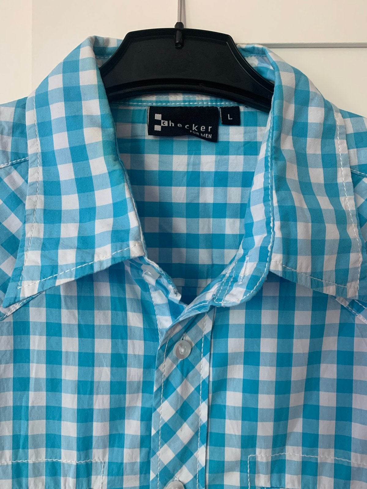 Heren overhemd Checker, maat L, blauw/wit geruit, Kleding | Heren, Ophalen of Verzenden, Zo goed als nieuw, Meerkleurig, Halswijdte 41/42 (L)