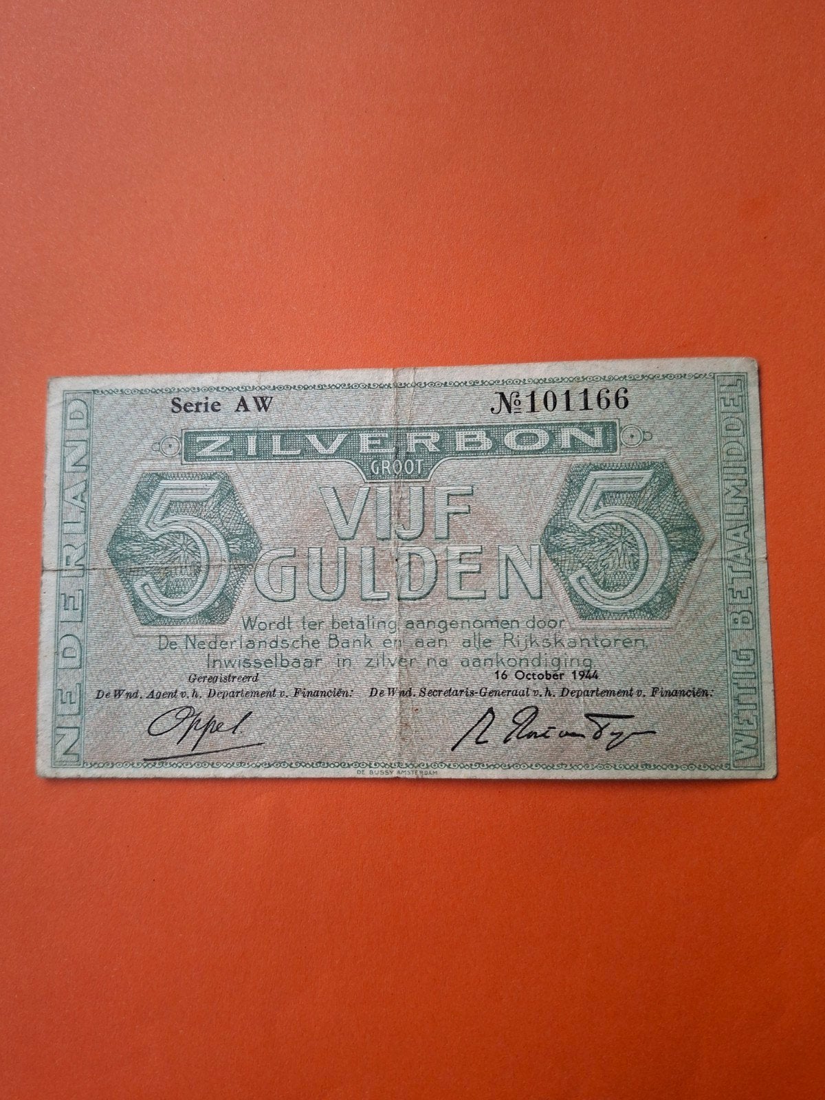 5 gulden Zilverbon uit 1944 in ZF, Ophalen of Verzenden, 5 gulden, Los biljet