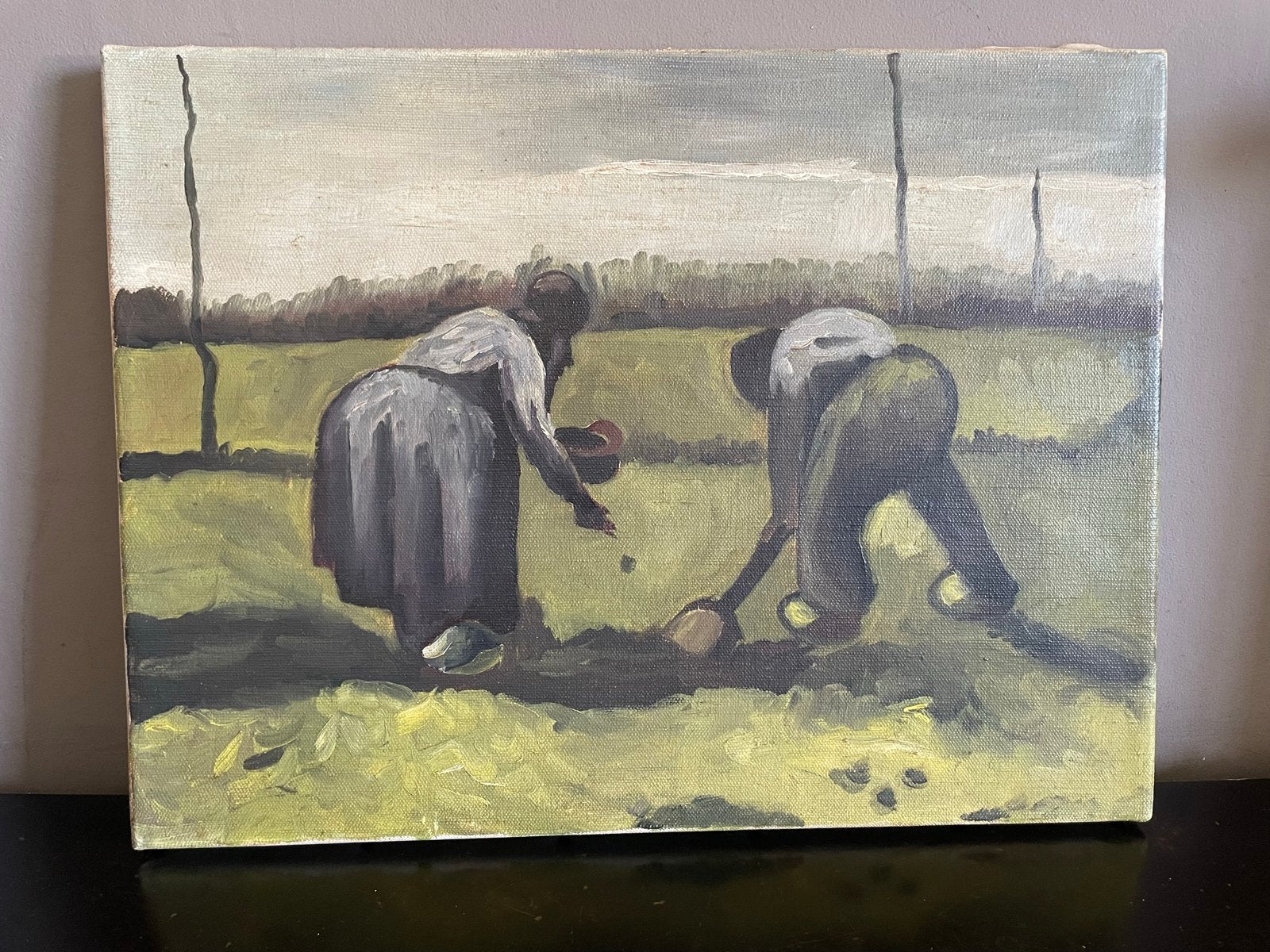 Olieverfschilderij: Twee Boeren aan het Werk op het Land, Doek, Realistisch, Ophalen of Verzenden, Gesigneerd