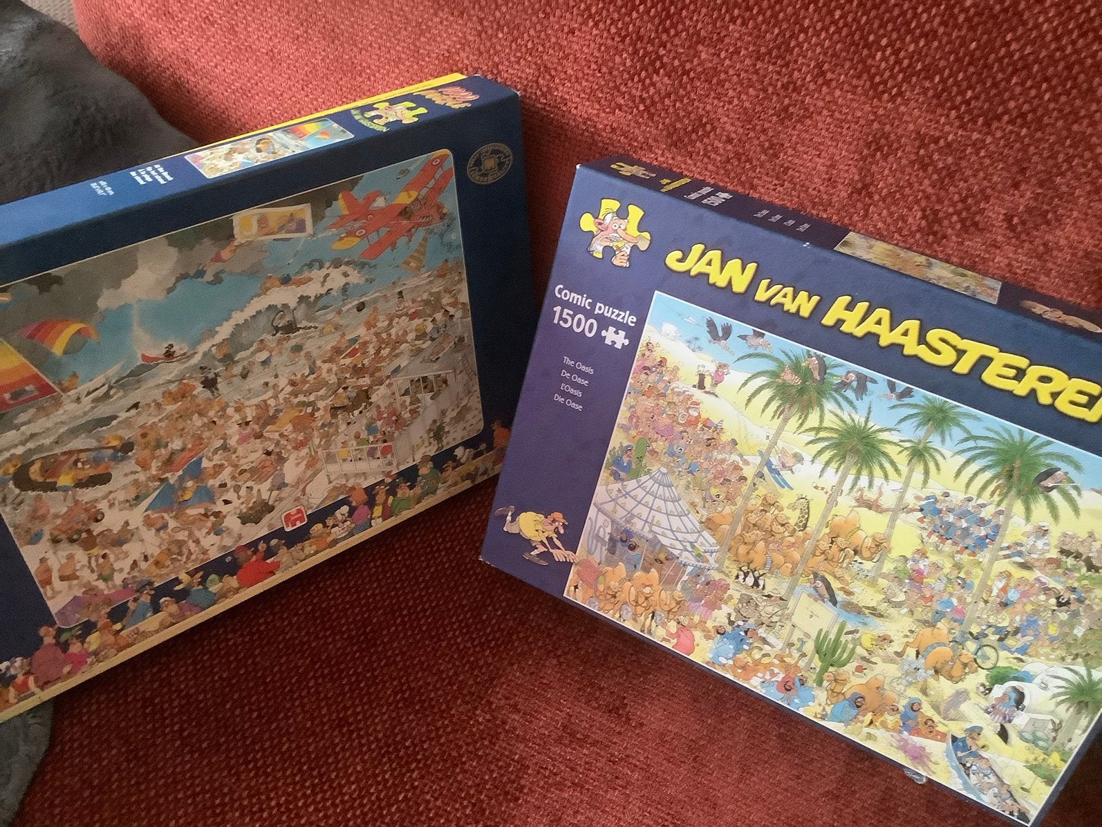 Jan van haasteren puzzels:OASE (1500) STRAND (1000) ttl €15, Ophalen of Verzenden, 500 t/m 1500 stukjes, Zo goed als nieuw