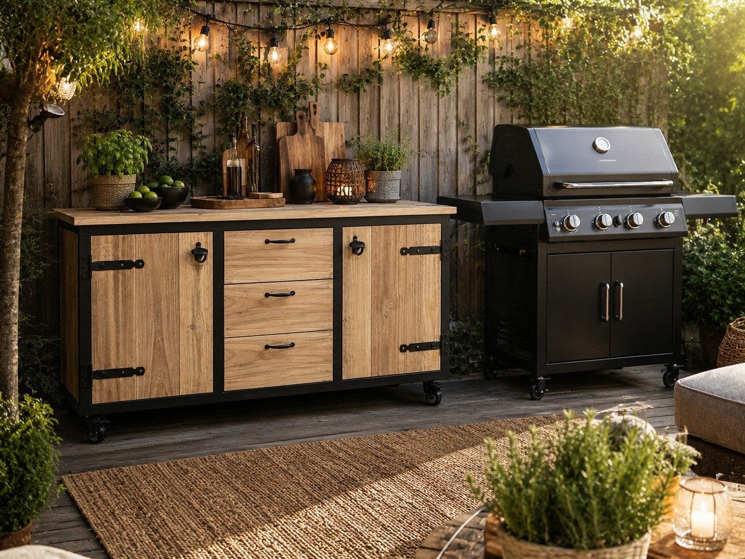 Buitenkeuken met opslag en wielen - Hout en Metaal, Tuin en Terras, Buitenkeukens, Nieuw, Vrijstaand, Ophalen of Verzenden