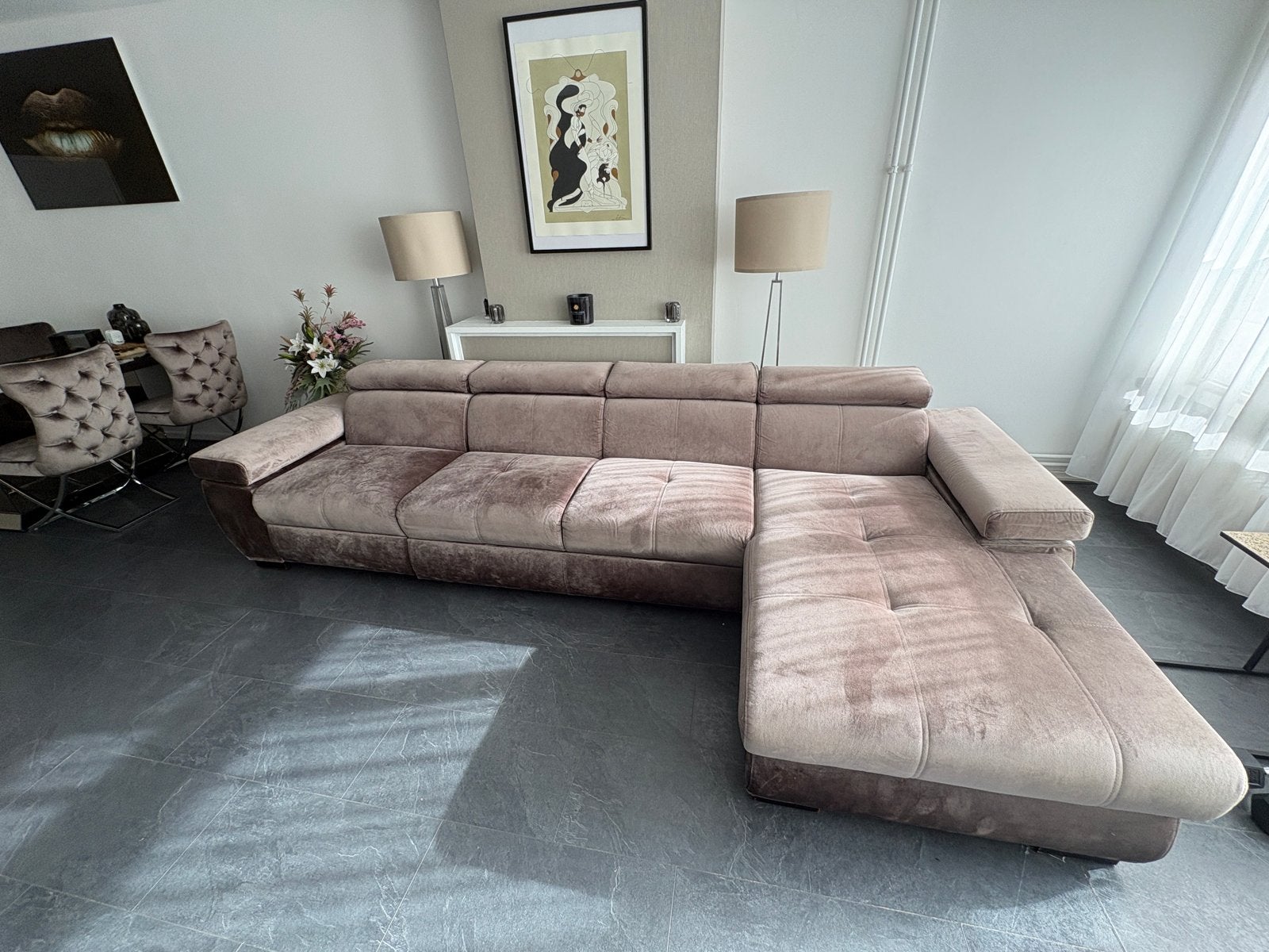 Fluwelen grote hoekbank taupe/opbergruimte/dubbele lounge, Huis en Inrichting, Ophalen, Hoekbank, Vierpersoons of meer, 300 cm of meer