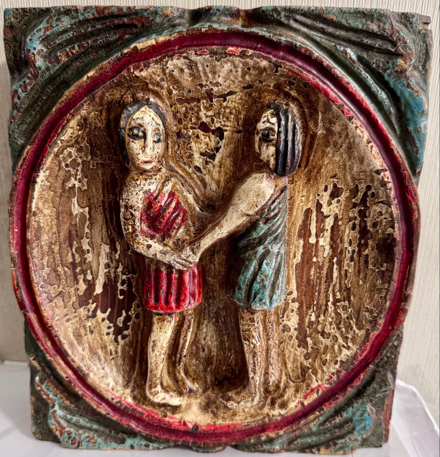 Vintage Handgeschilderd Folkloristisch Houtsnijwerk Wandpane, Antiek en Kunst, Ophalen, Houtsnijwerk, 20 - 50 cm, Hout