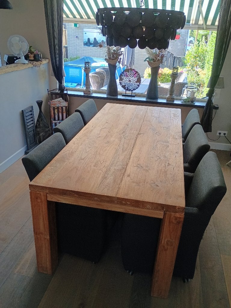 Robuuste teakhouten tafel 220x100cm, Ophalen, Gebruikt, Teakhout, 200 cm of meer