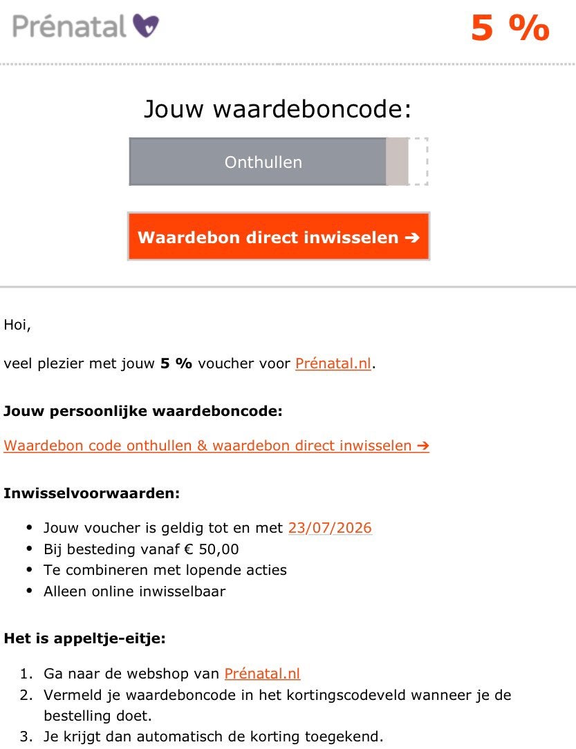 Prenatal 5% korting, Tickets en Kaartjes, Eén persoon, Kortingsbon