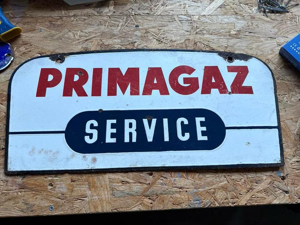 Vintage Primagaz Service dubbelzijdig Emaille Reclamebord, Ophalen of Verzenden
