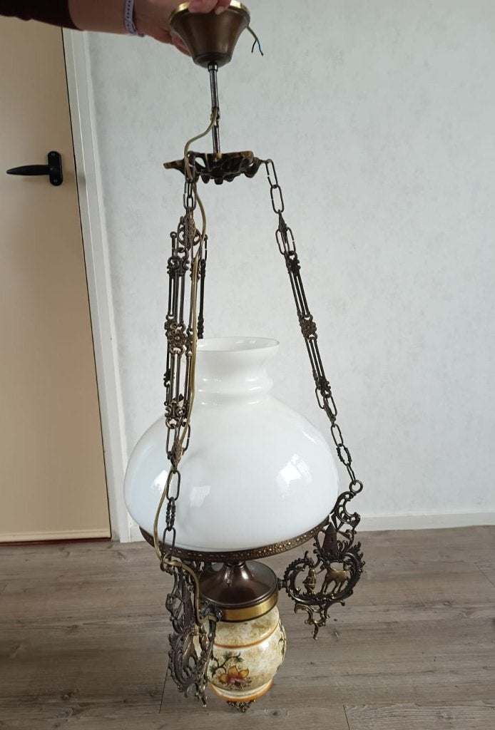 Grote vintage hanglamp met melkglas, Ophalen, Gebruikt, Metaal, E27 (groot)