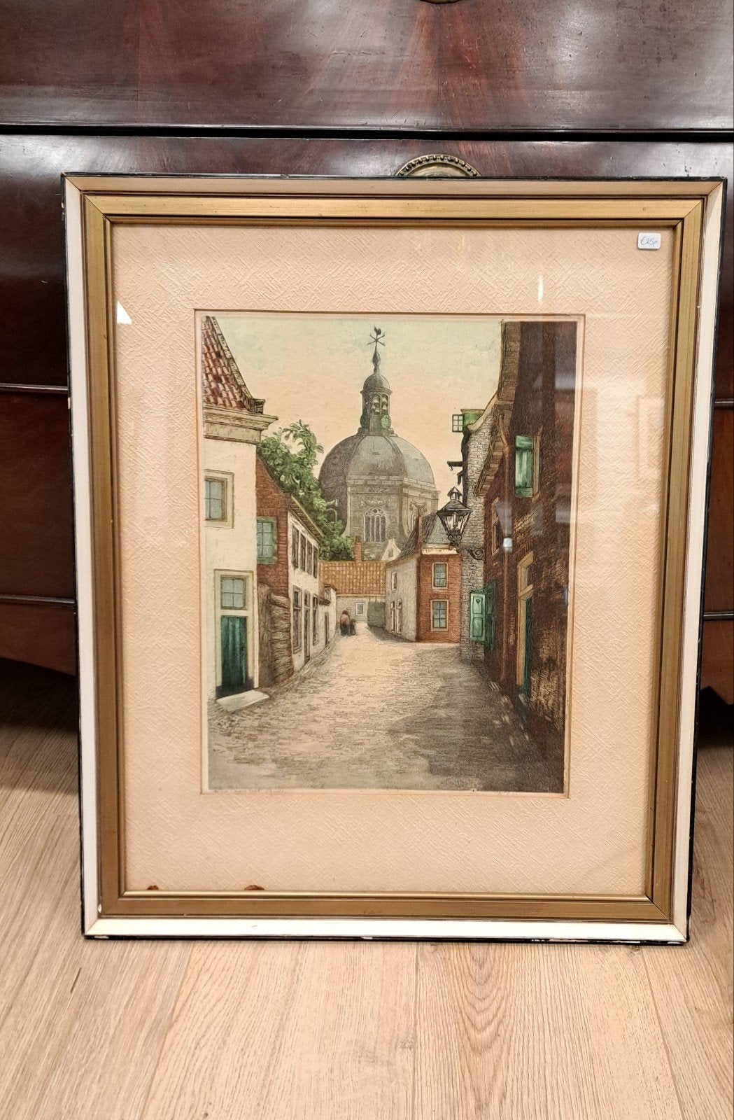 Ingekleurde ets Marekerk Leiden, ca 1930, gesigneerd, Ophalen of Verzenden