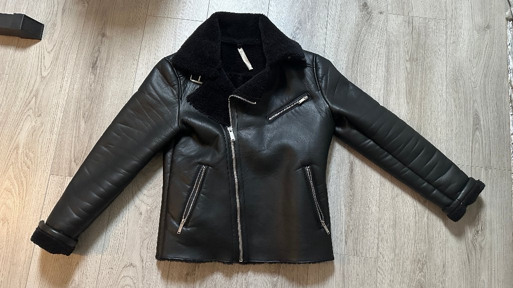 Zwart Leren Biker Jas met bont maat M, Maat 48/50 (M), Zwart, Ophalen of Verzenden, Zo goed als nieuw