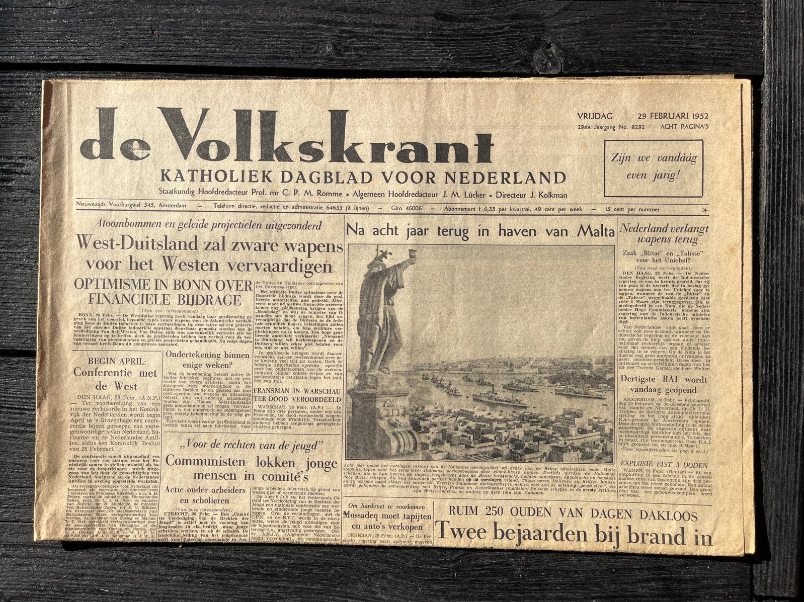 De Volkskrant - 29 februari 1952 - Historische Krant, Ophalen of Verzenden, Gelezen, Krant