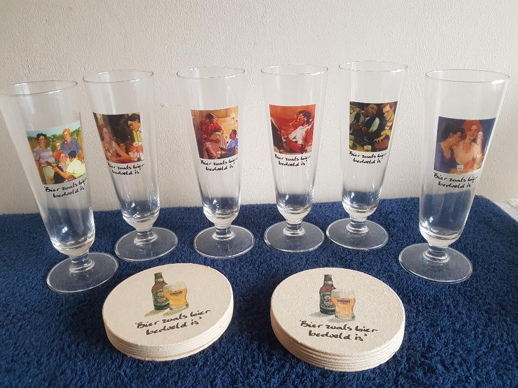 6 Heineken bierglazen + certificaat + bierviltjes NIEUW, Overige materialen, Verzenden, Overige typen, Nieuw
