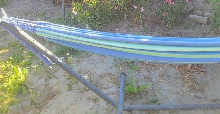 Comfortabel hangmat met standaard - Blauw/Groen gestreept, Ophalen of Verzenden, Zo goed als nieuw, Met standaard, Eenpersoons