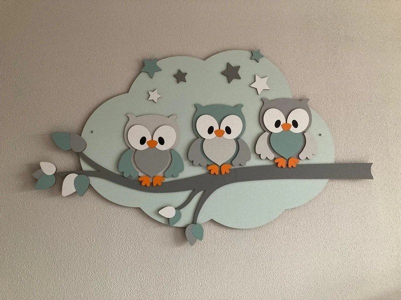 Houten muurdecoratie met 3 uiltjes – 100 x 60 cm, Ophalen of Verzenden, Gebruikt, Overige typen