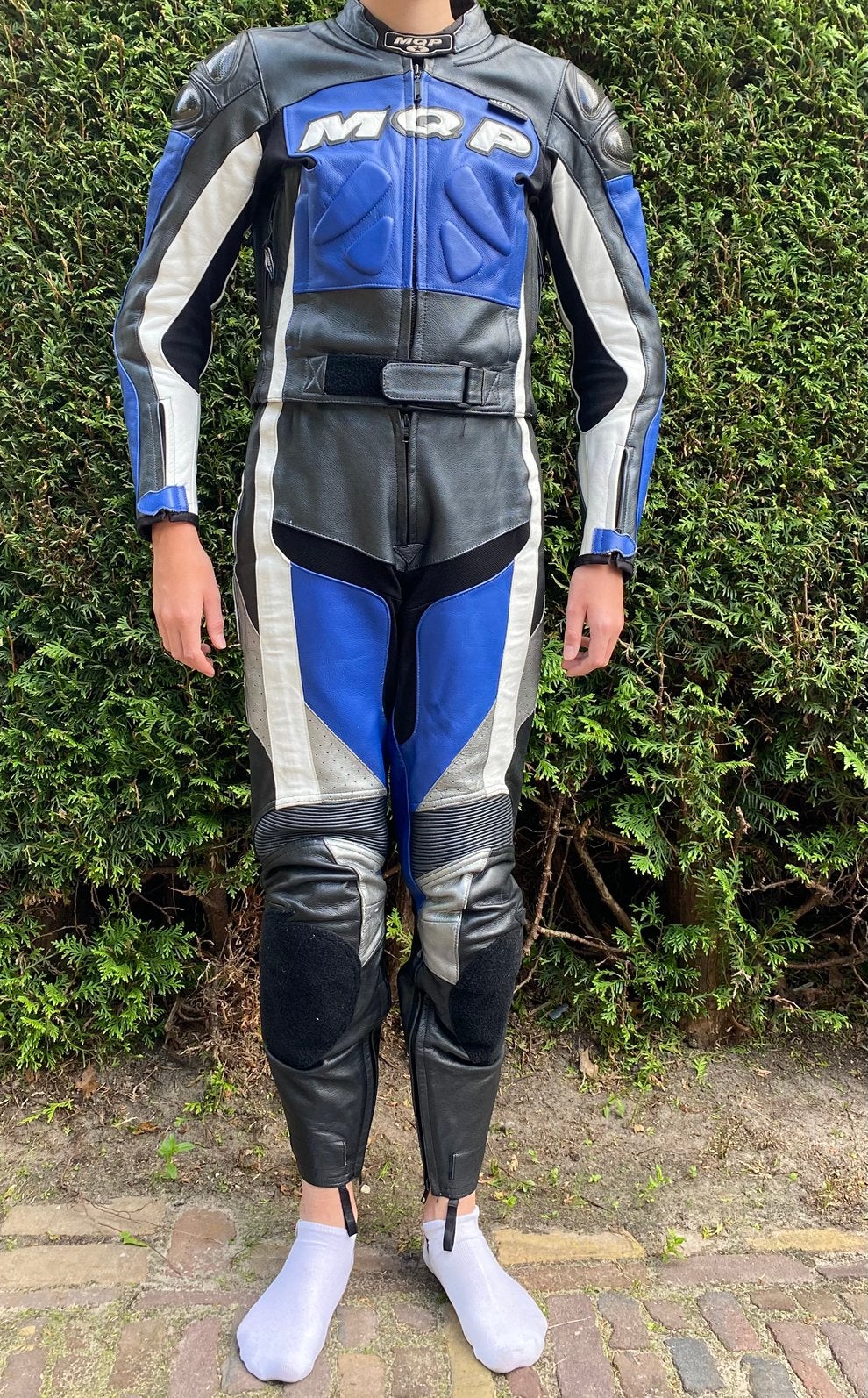 Leren/textiel dames/heren motorpak blauw wit zwart mt 36, Motoren, Kleding | Motorkleding, Ophalen of Verzenden, Tweedehands, Kinderen