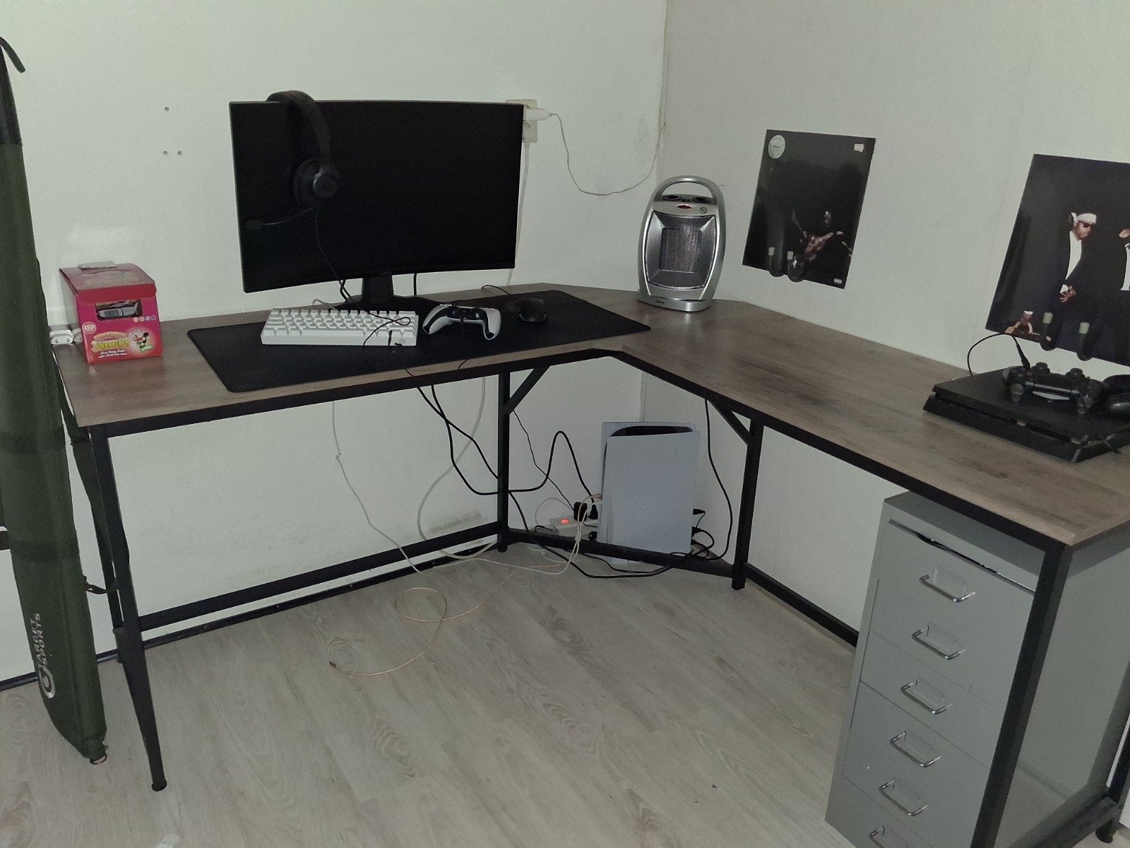 Bureau hoek met houtlook blad, Gebruikt, Hout, Ophalen of Verzenden, Grijs